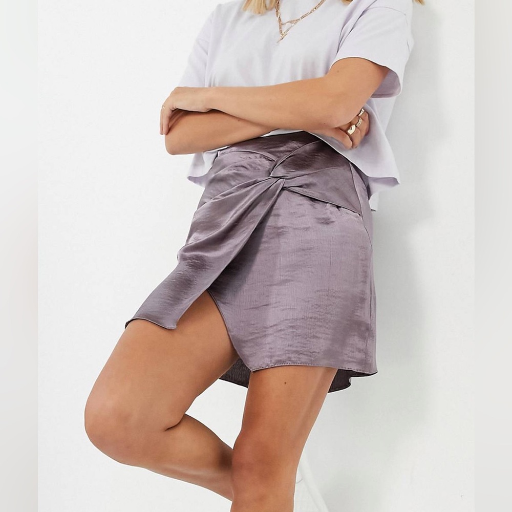 High Shine Satin Mini Skirt With Twist Detail In Lilac